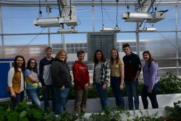 Kayla Hack (agriculture teacher), left, Rebecca Williams, Josh Stinavage, Will Bowen, Ben Swartz, Rachel Olver, Kassie Diehl, Gage Simons and Riellie Tiernan make up the current Horticulture and Plant Science class.